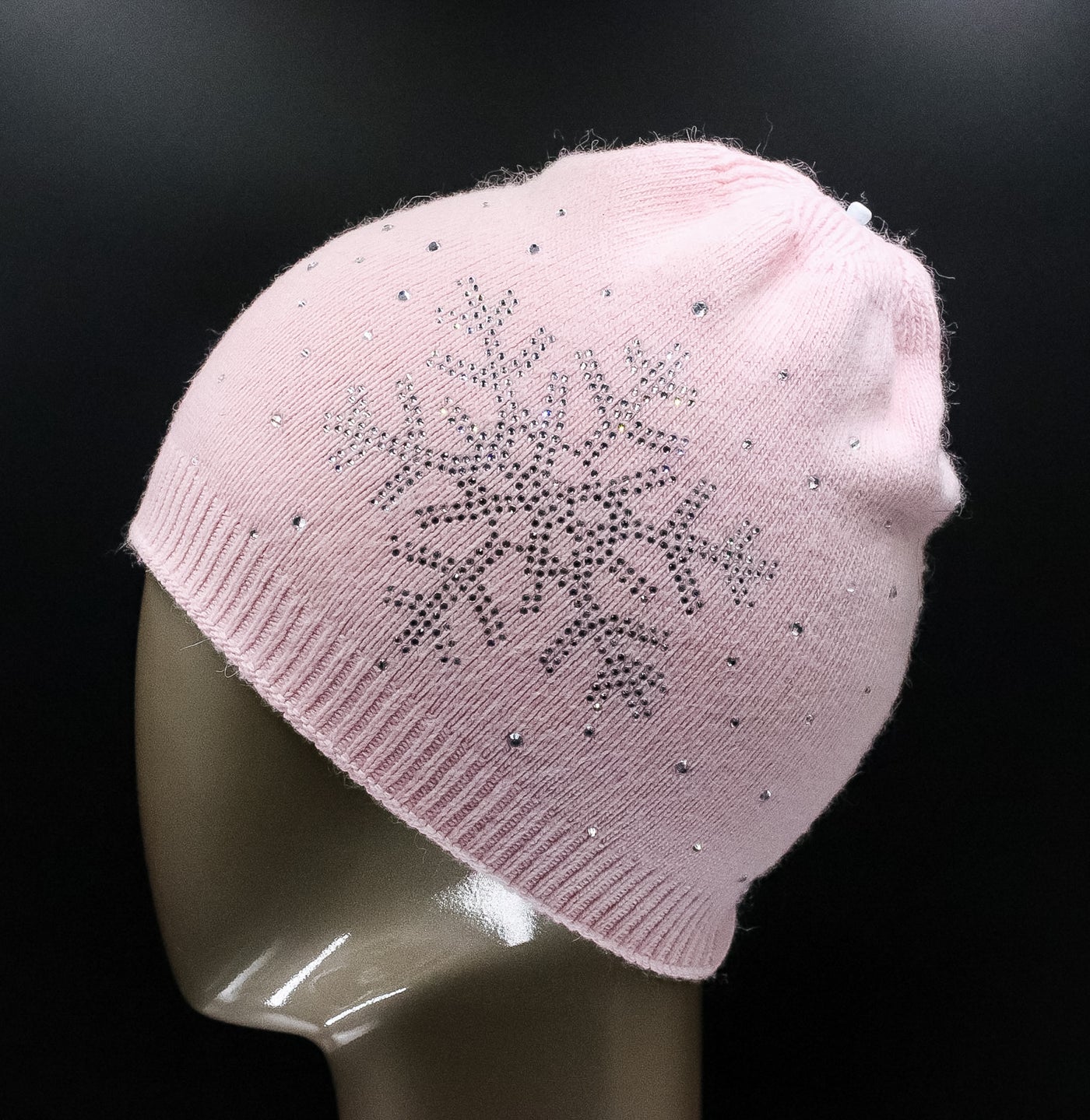 Knitted Wool Hat with Crystal Snowflake and Detachable Fox Pom-Pom