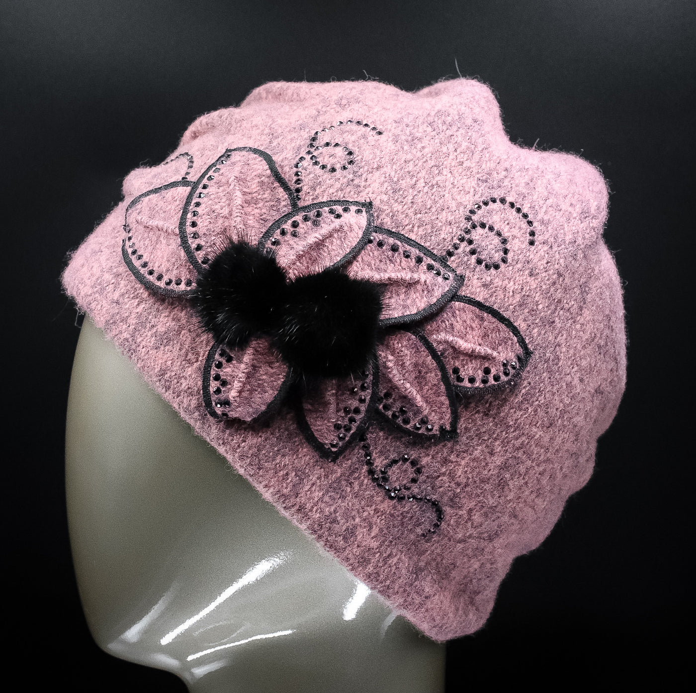 Wool Hat with Inter-Layered Petals with Crystals and Mink Tuffs