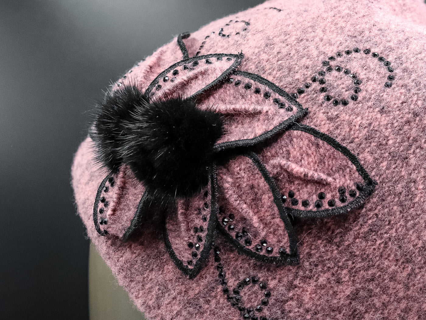 Wool Hat with Inter-Layered Petals with Crystals and Mink Tuffs