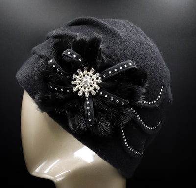 Wool Hat with Crystals and Mink Trimming