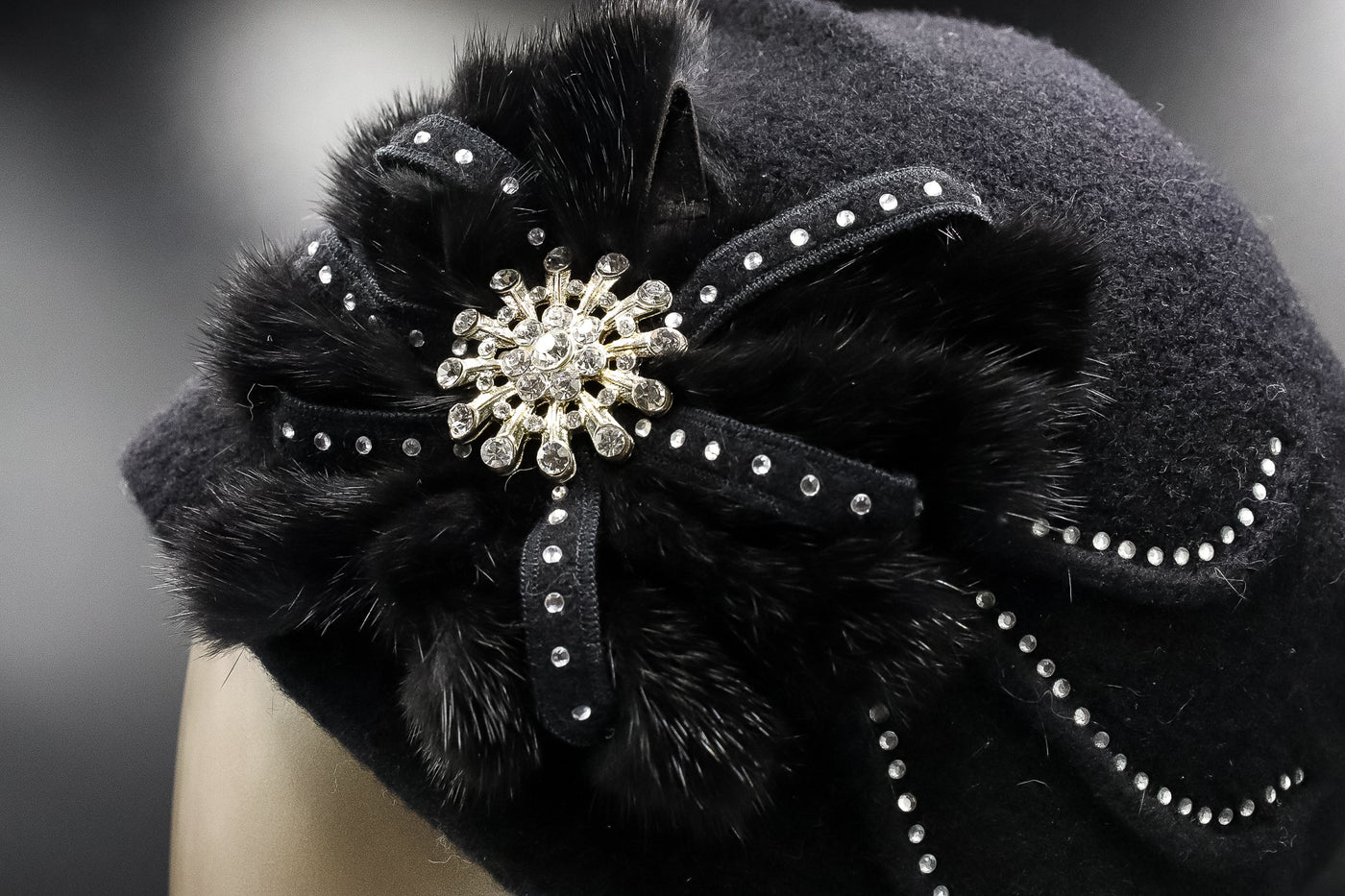 Wool Hat with Crystals and Mink Trimming