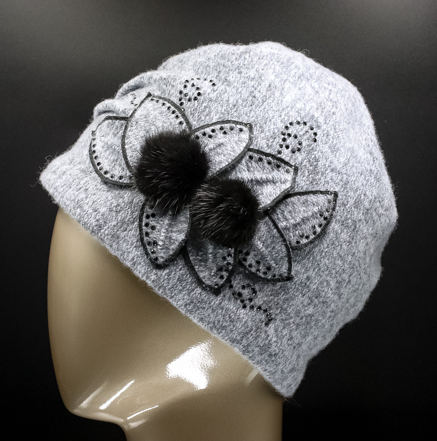 Wool Hat with Inter-Layered Petals with Crystals and Mink Tuffs