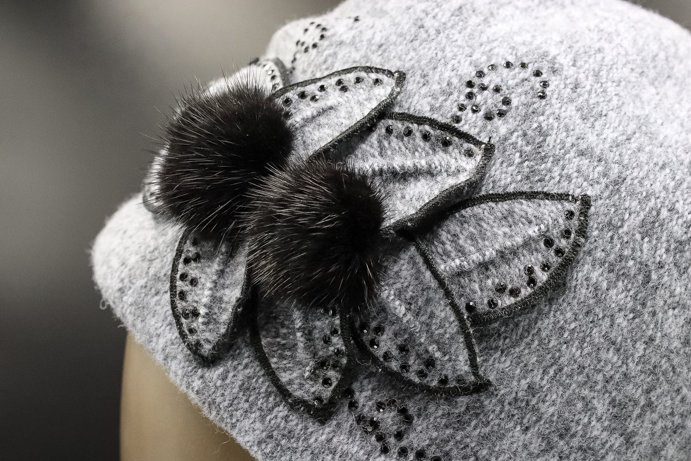 Wool Hat with Inter-Layered Petals with Crystals and Mink Tuffs
