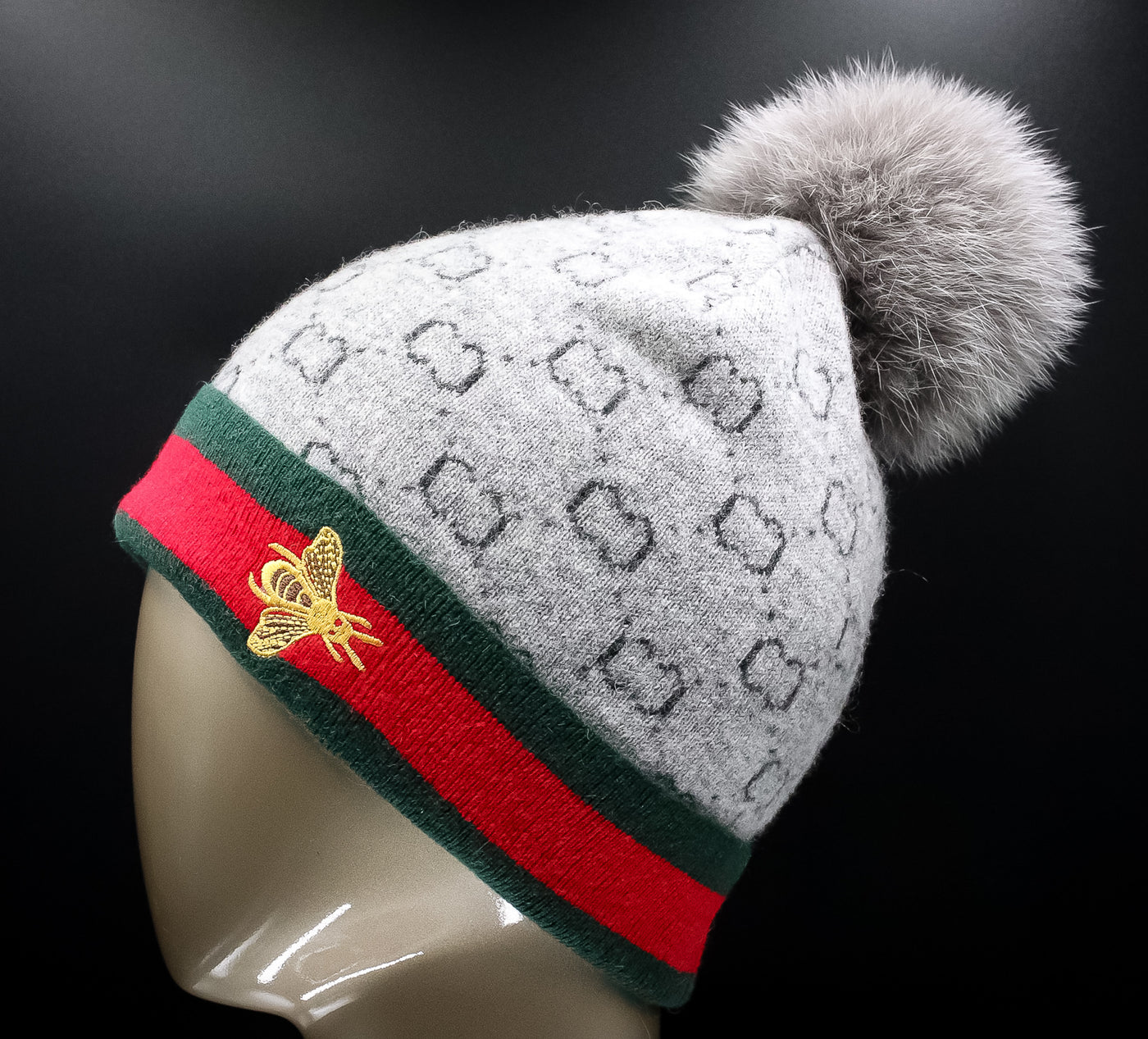 Assorted Knitted Gucci-Inspired Monogrammed Wool Hat with Fox Pom-Pom