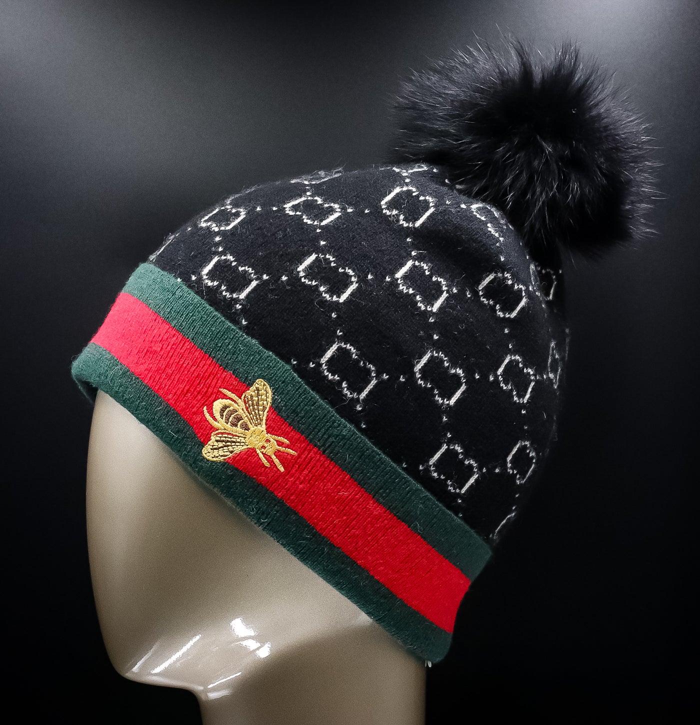 Assorted Knitted Gucci-Inspired Monogrammed Wool Hat with Fox Pom-Pom