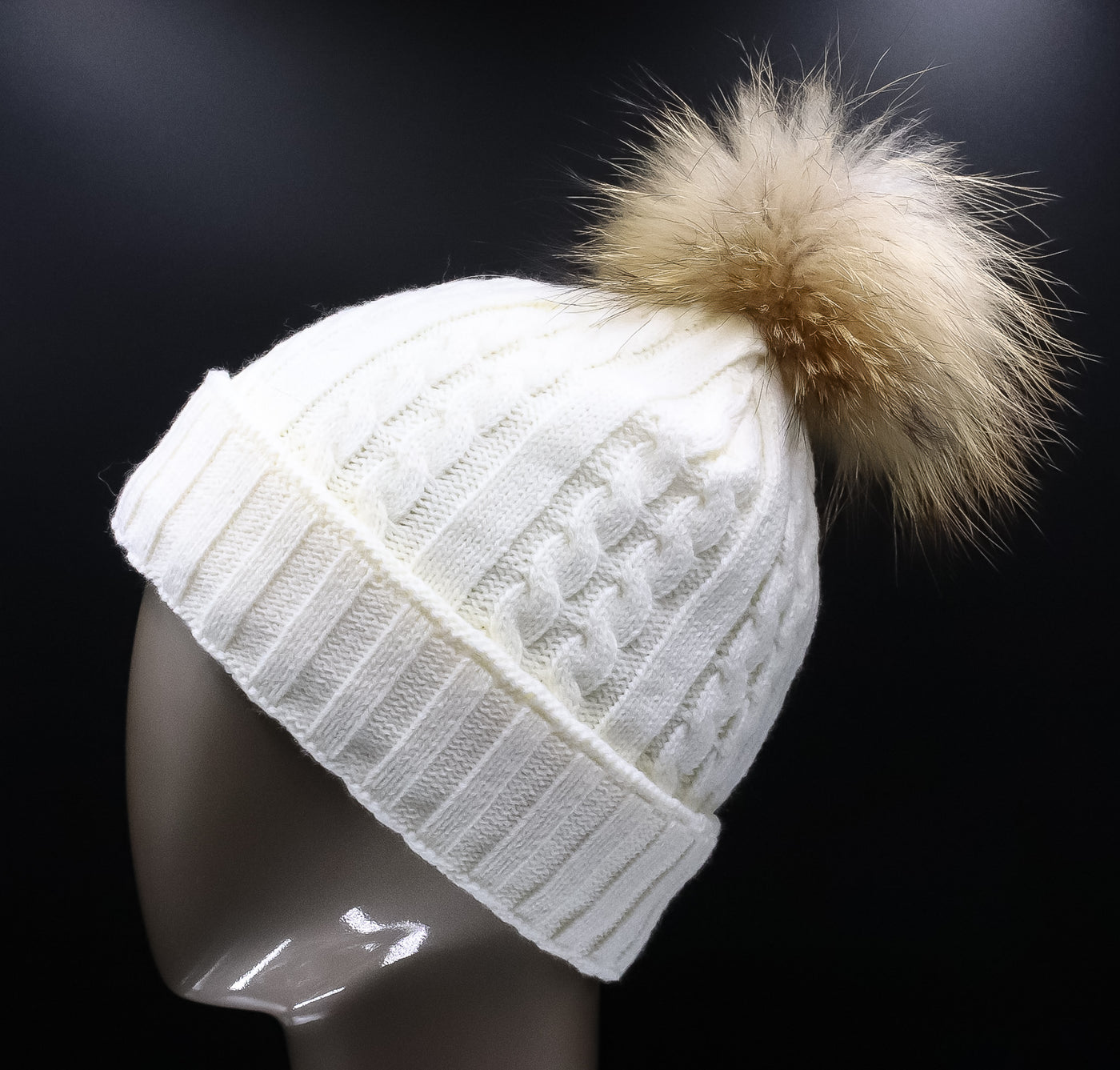 Assorted Cable-Knitted Wool Hat with Fur Pom-Pom