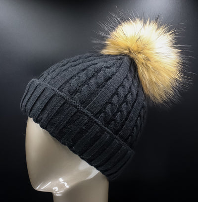 Assorted Cable-Knitted Wool Hat with Fur Pom-Pom