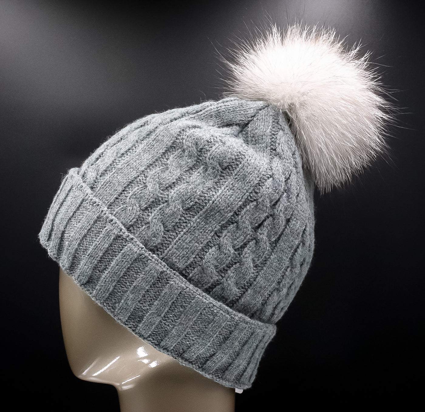 Assorted Cable-Knitted Wool Hat with Fur Pom-Pom