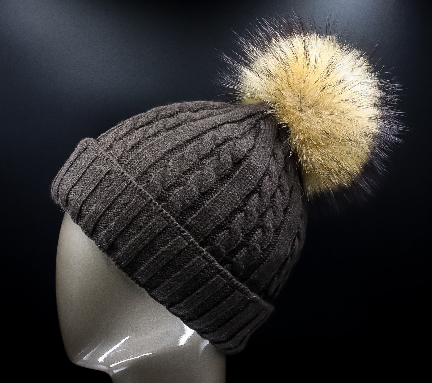 Assorted Cable-Knitted Wool Hat with Fur Pom-Pom