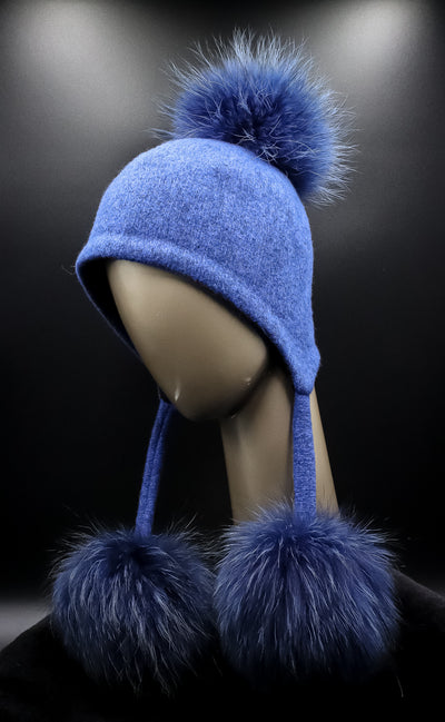 Assorted Wool Ear-Flaps Hat with Finn Raccoon Pom-Poms