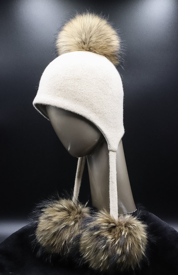 Assorted Wool Ear-Flaps Hat with Finn Raccoon Pom-Poms – Alaska Fur  Gallery, Inc., image size:720x1115