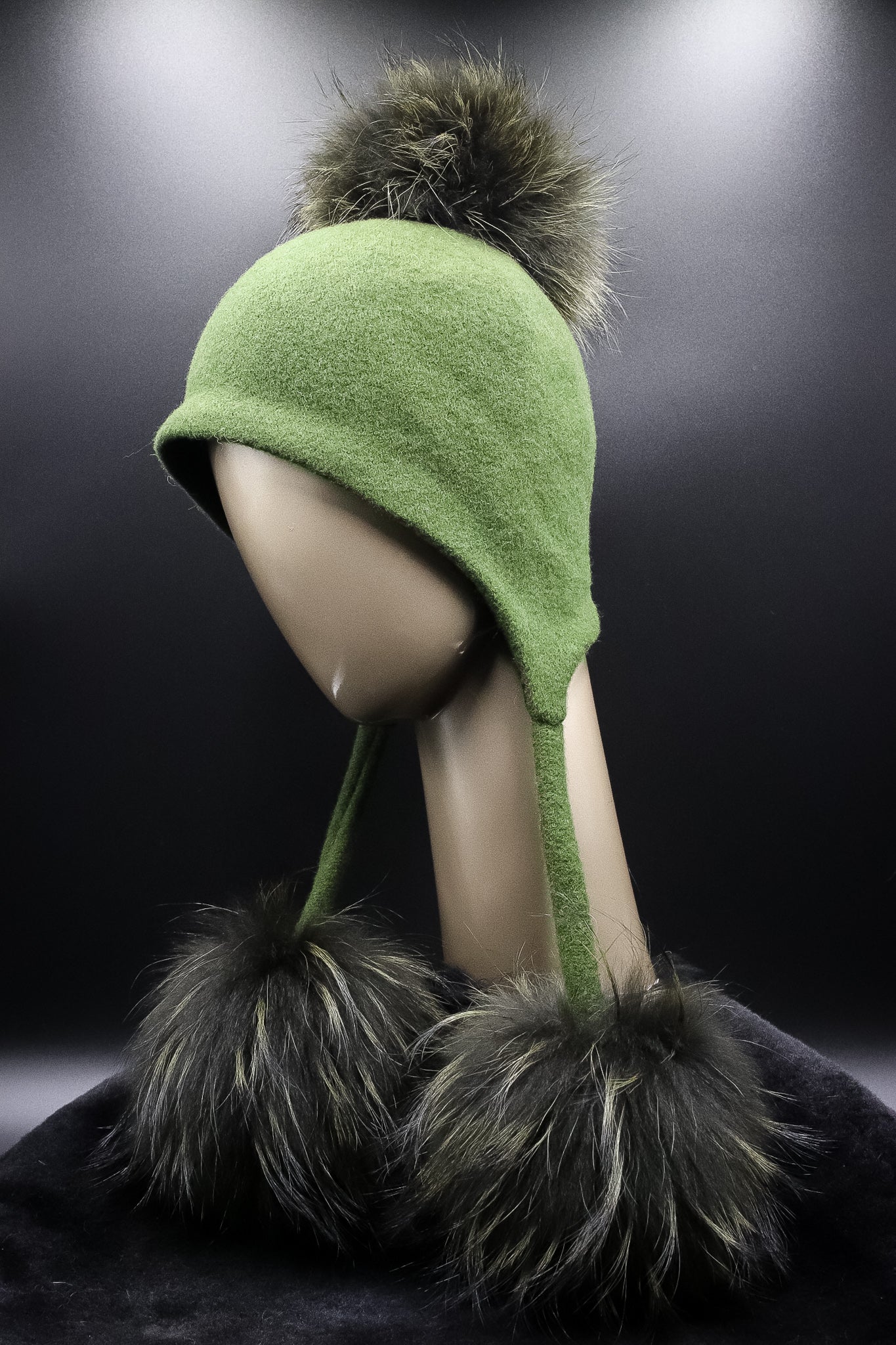 Assorted Wool Ear-Flaps Hat with Finn Raccoon Pom-Poms