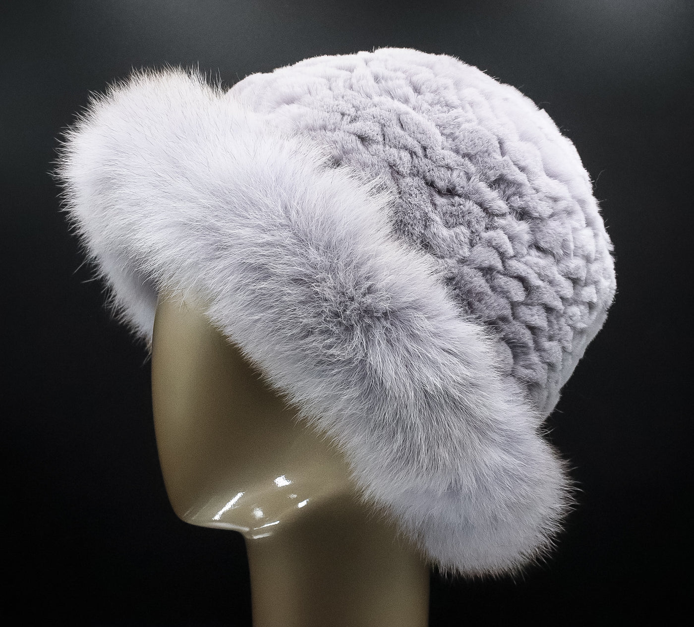 Knitted Lavender Grey Chinchilla Rex Rabbit Hat with Fox Trim