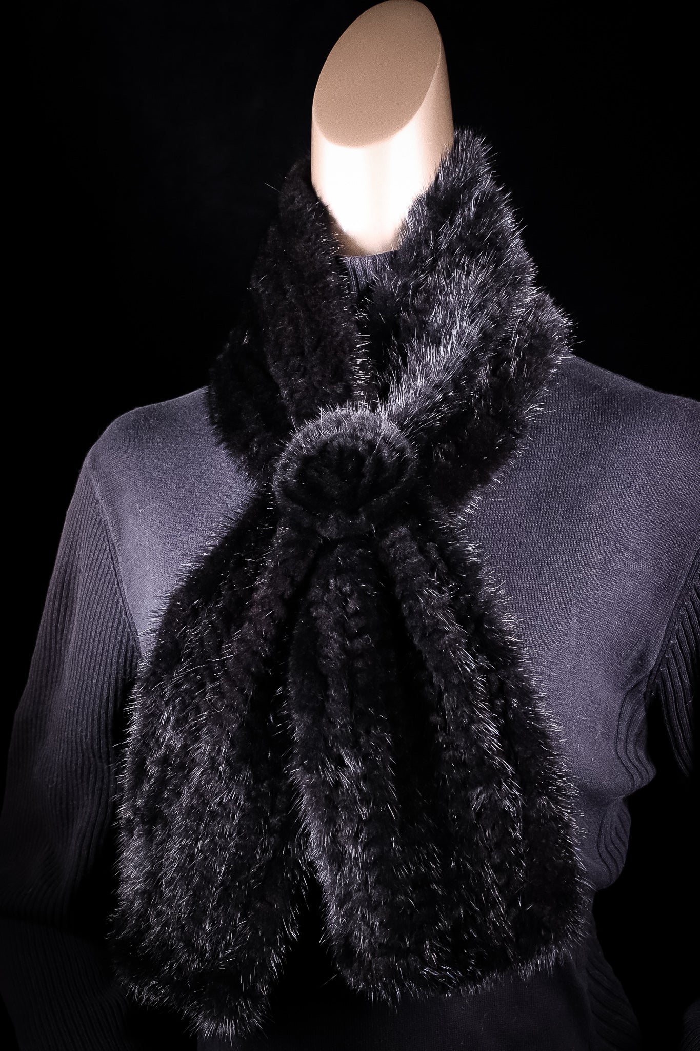 Knitted Black Mink Pull-Through Rosette Scarf