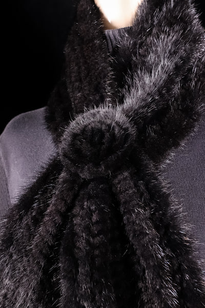 Knitted Black Mink Pull-Through Rosette Scarf