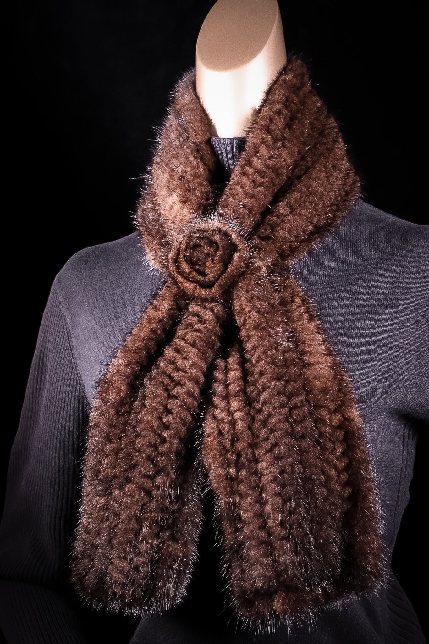 Knitted Brown Mink Pull-Through Rosette Scarf