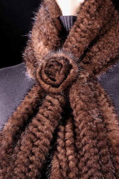 Knitted Brown Mink Pull-Through Rosette Scarf