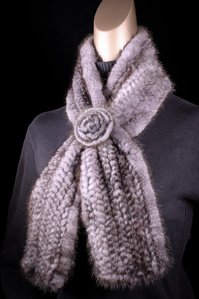 Knitted Natural Blue Iris Mink Pull-Through Rosette Scarf