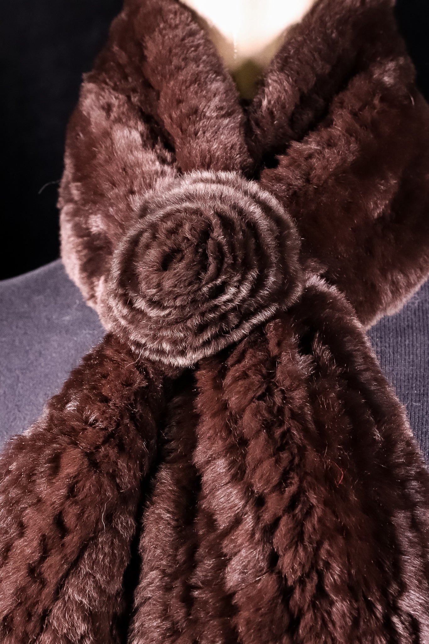 Knitted Brown Chinchilla Rex Rabbit Pull-Through Rosette Scarf