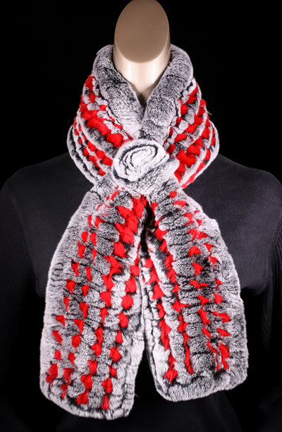 Knitted Red and Grey Chinchilla Rex Rabbit Pull-Through Rosette Scarf