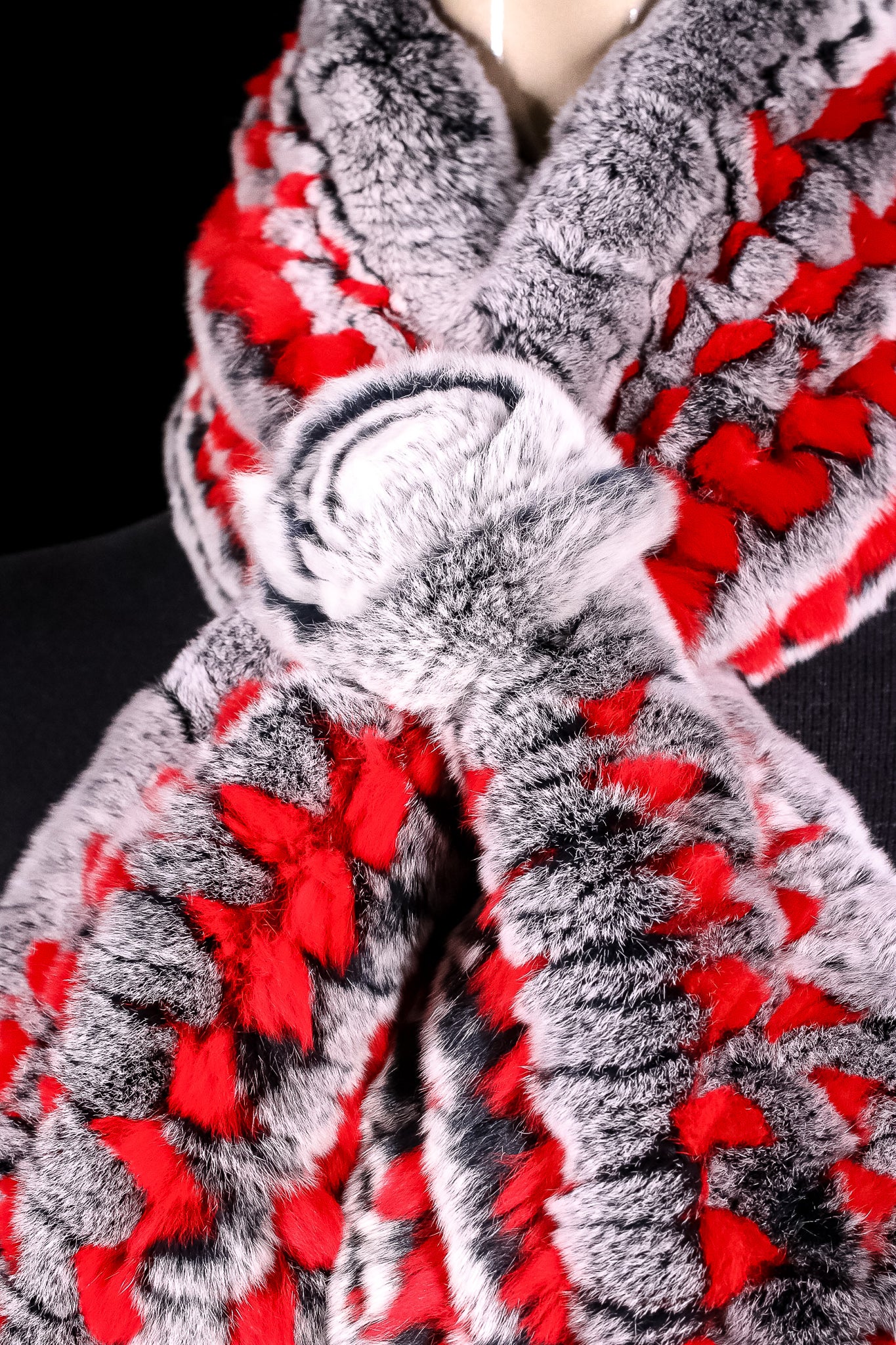 Knitted Red and Grey Chinchilla Rex Rabbit Pull-Through Rosette Scarf