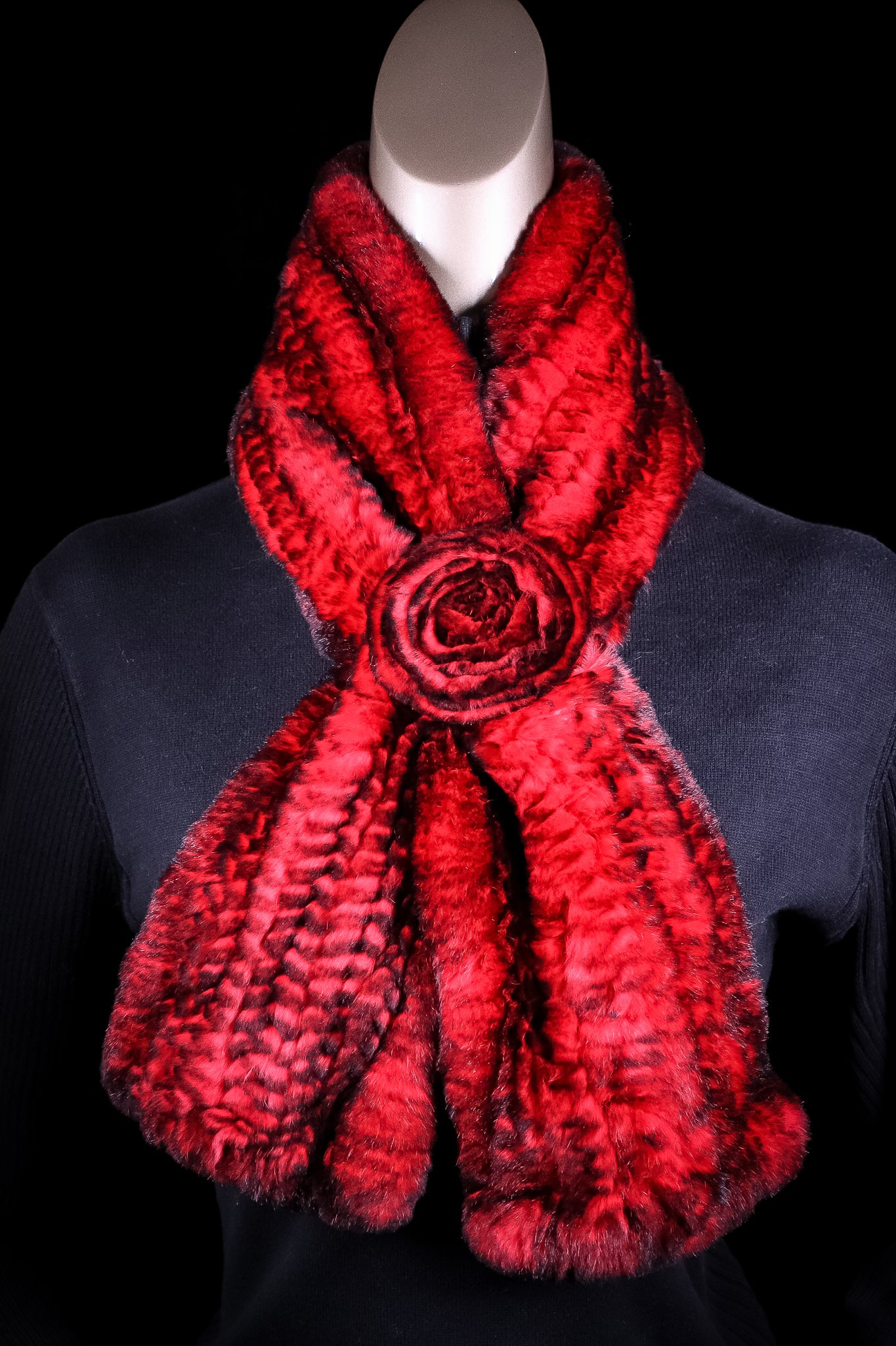 Knitted Red Chinchilla Rex Rabbit Pull-Through Rosette Scarf