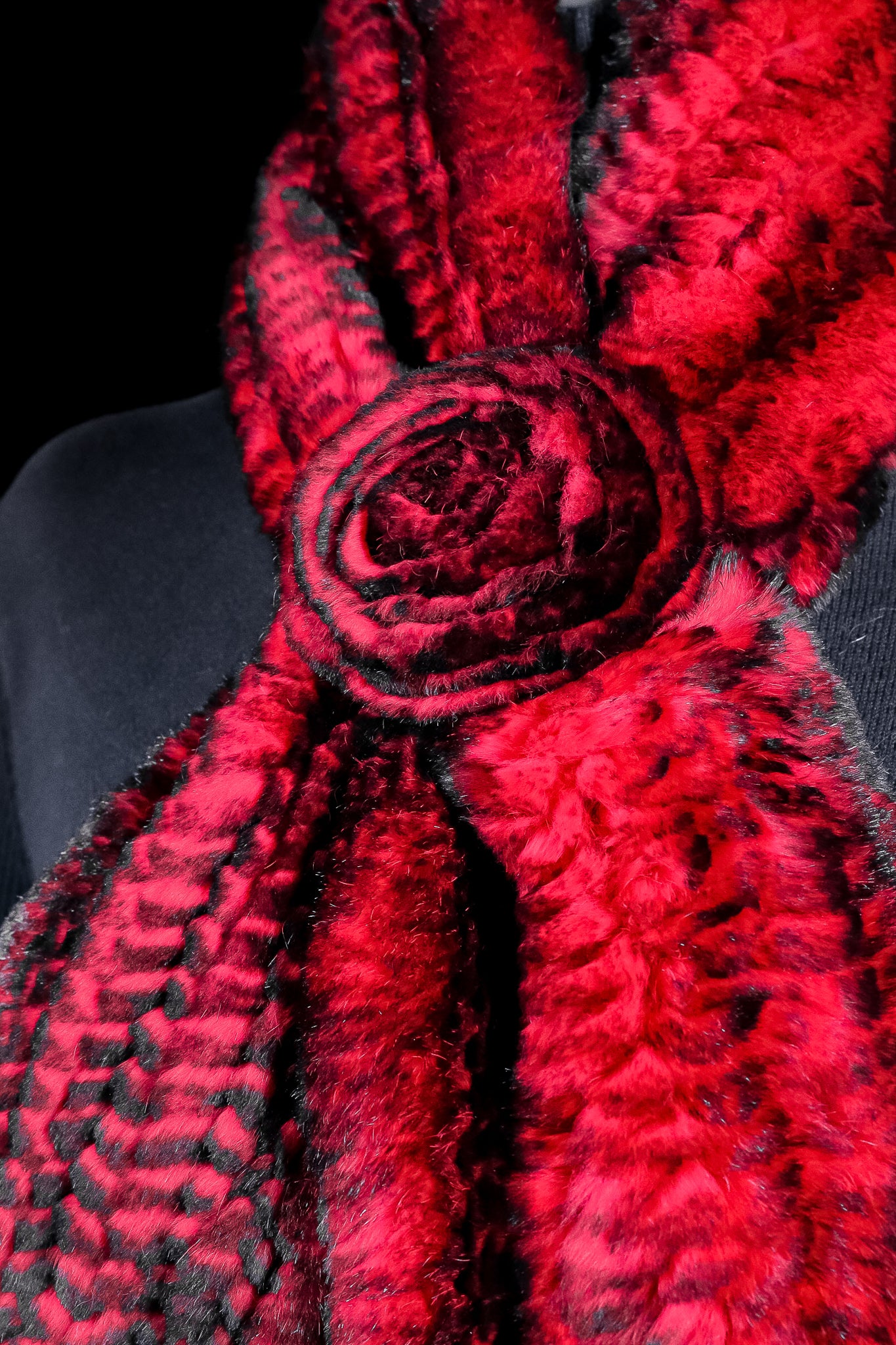 Knitted Red Chinchilla Rex Rabbit Pull-Through Rosette Scarf