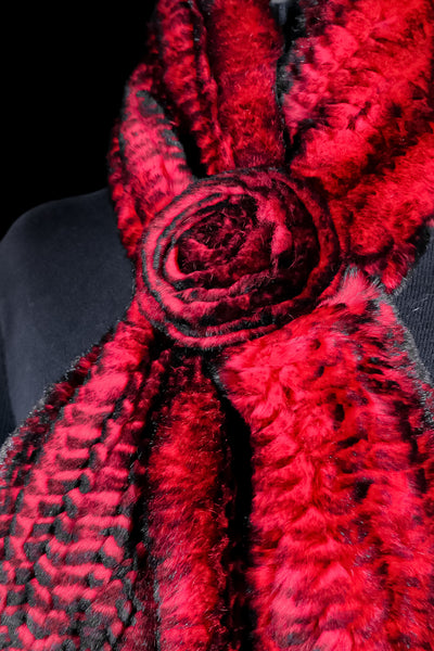 Knitted Red Chinchilla Rex Rabbit Pull-Through Rosette Scarf