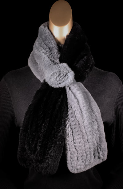 Knitted Black and Grey Chinchilla Rex Rabbit Pull-Through Rosette Ombre Scarf