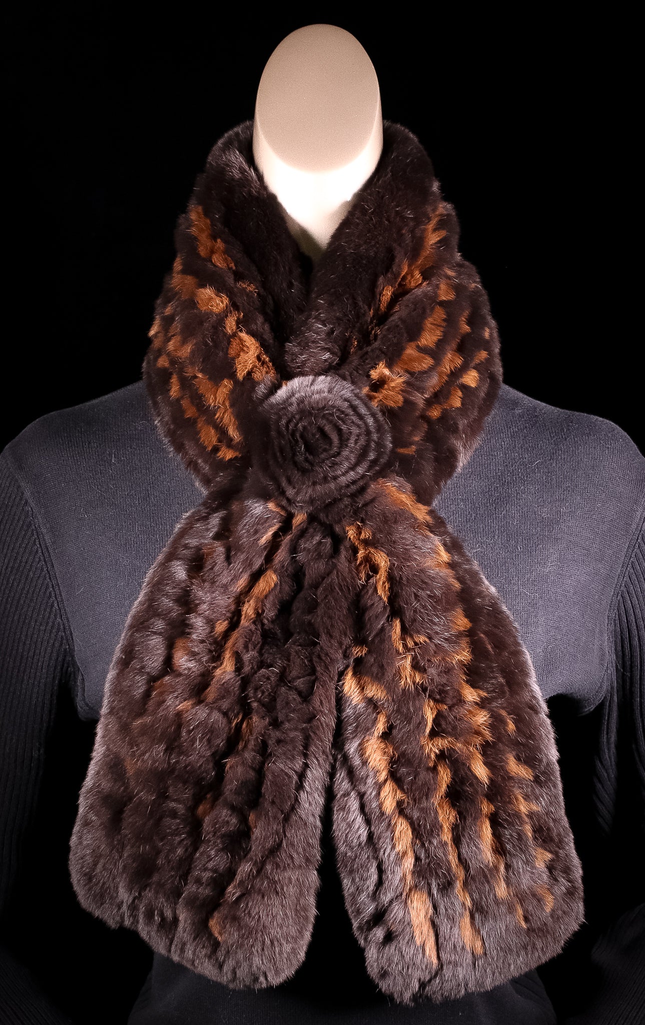 Knitted Brown and Gold Chinchilla Rex Rabbit Pull-Through Rosette Scarf
