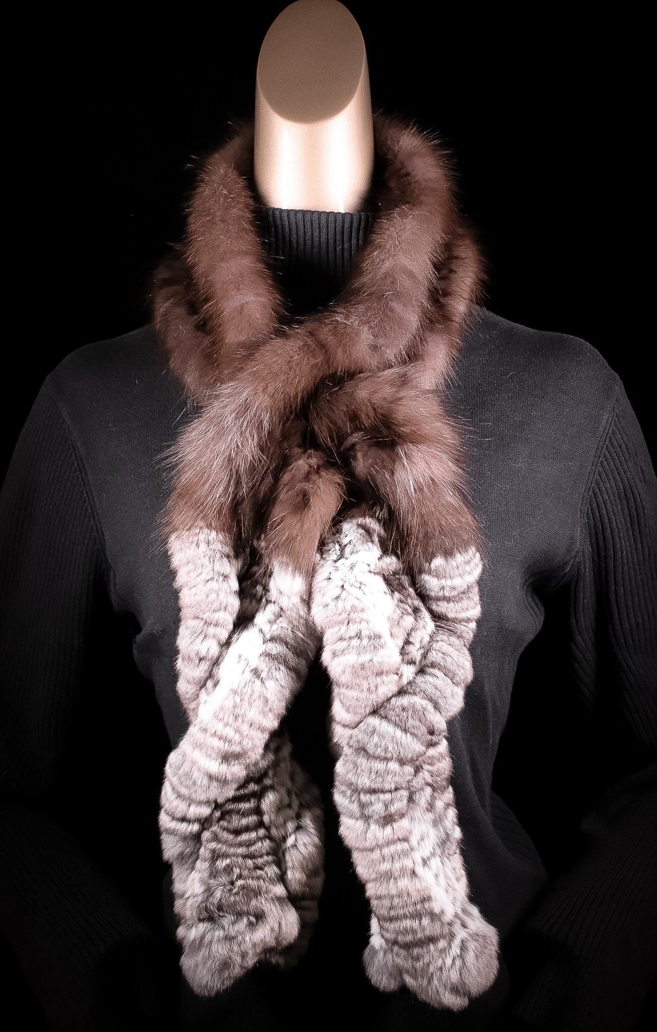 Knitted Sable Ruffle Elastic Scarf with Chinchilla Capped Ends