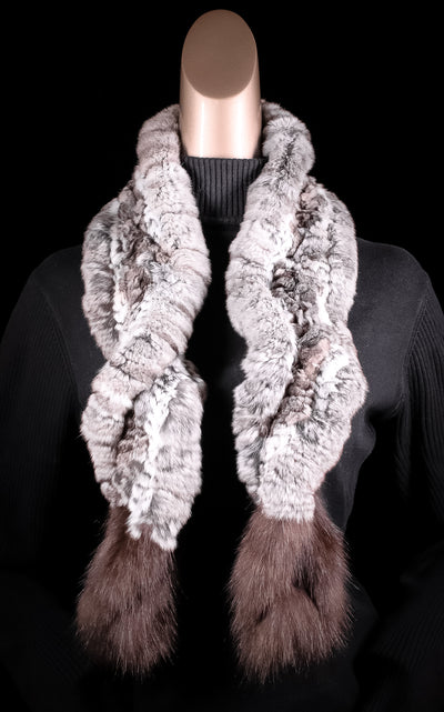 Knitted Chinchilla Elastic Ruffle Scarf with Sable Capped Ends