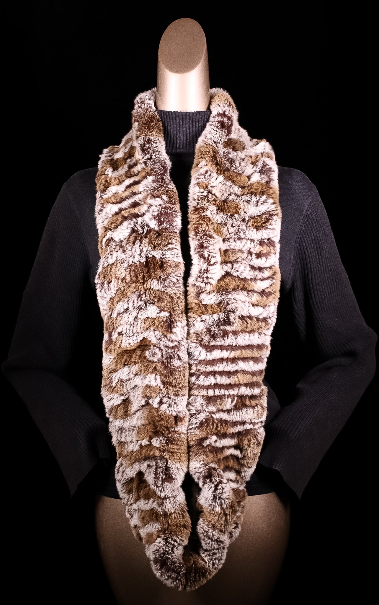 Knitted Dark Tan with Grey Chinchilla Rex Rabbit Infinity Scarf