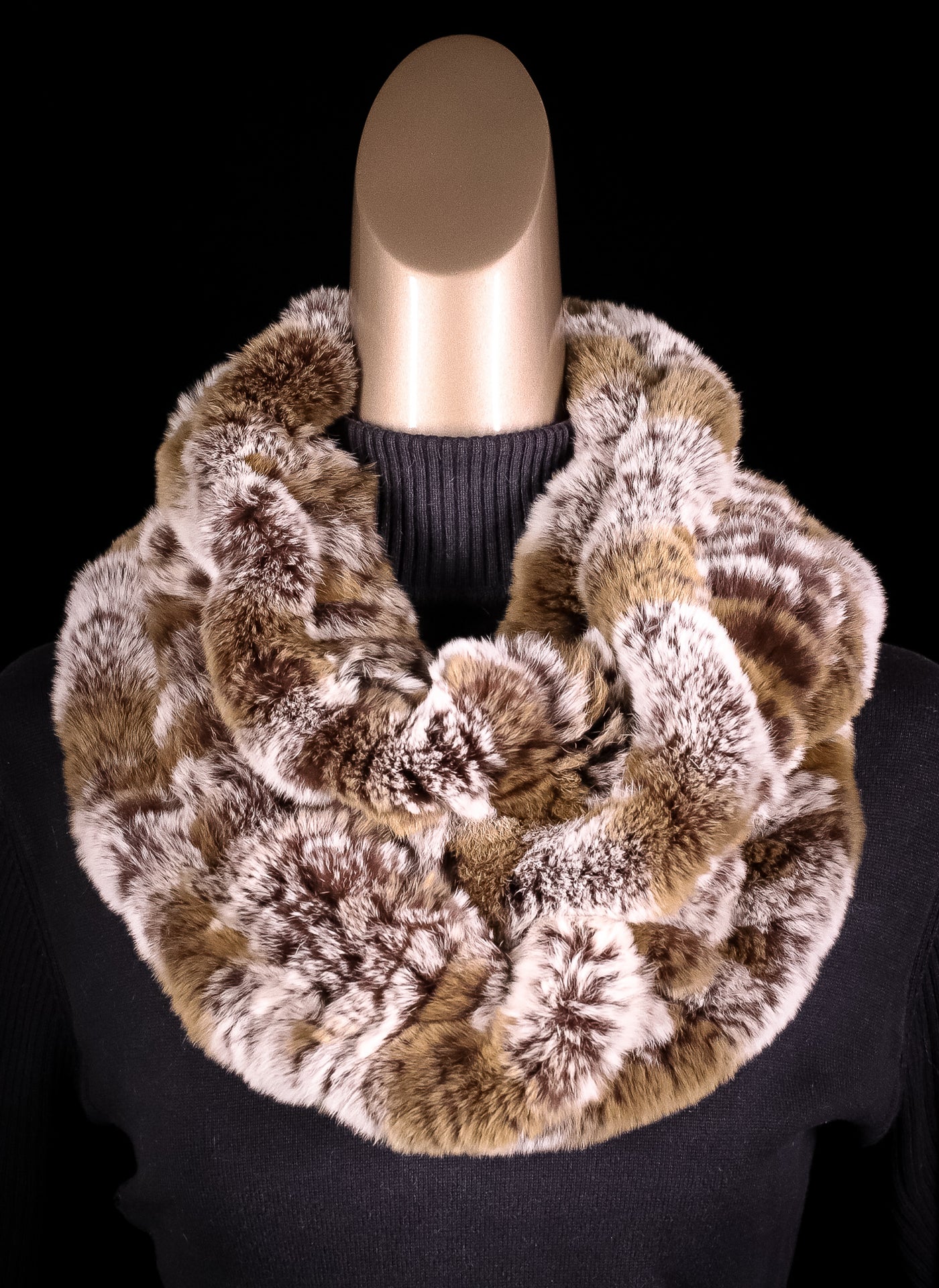 Knitted Dark Tan with Grey Chinchilla Rex Rabbit Infinity Scarf