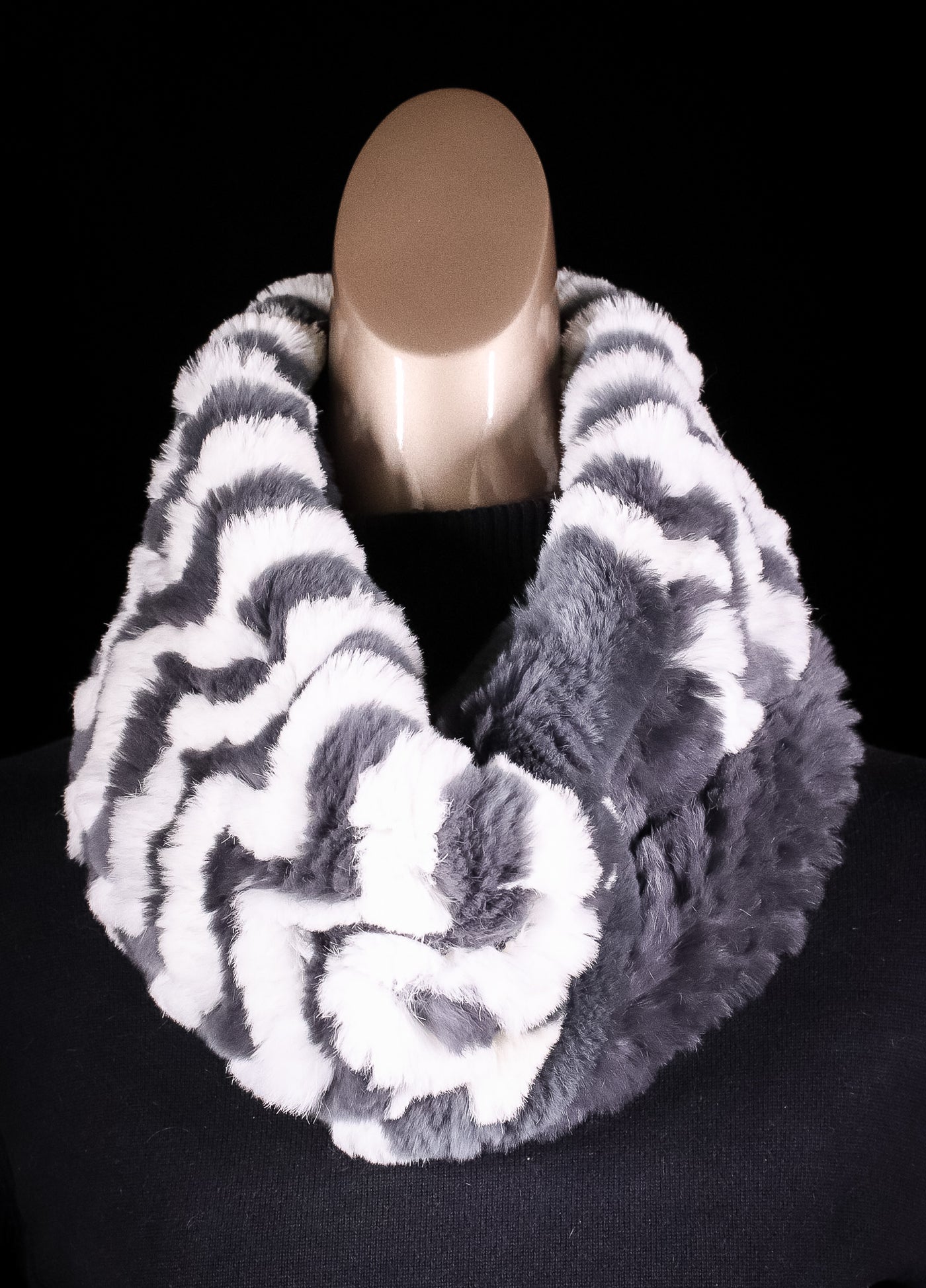 Knitted Grey and White Zig-Zag Chinchilla Rex Rabbit Infinity Scarf