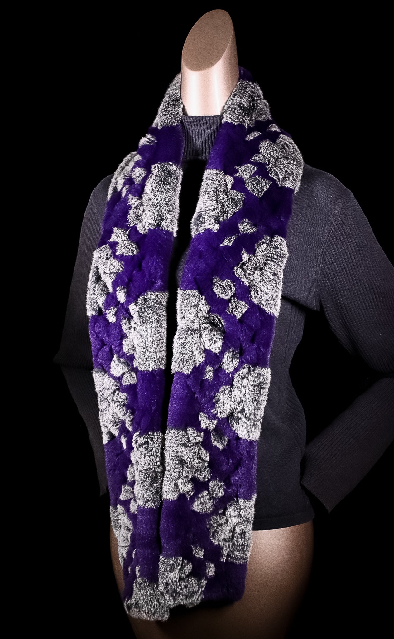 Knitted Purple and Grey Chinchilla Rex Rabbit Scarf with Fringes
