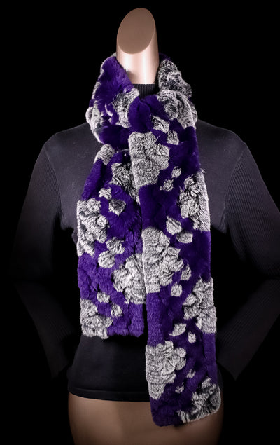 Knitted Purple and Grey Chinchilla Rex Rabbit Scarf with Fringes