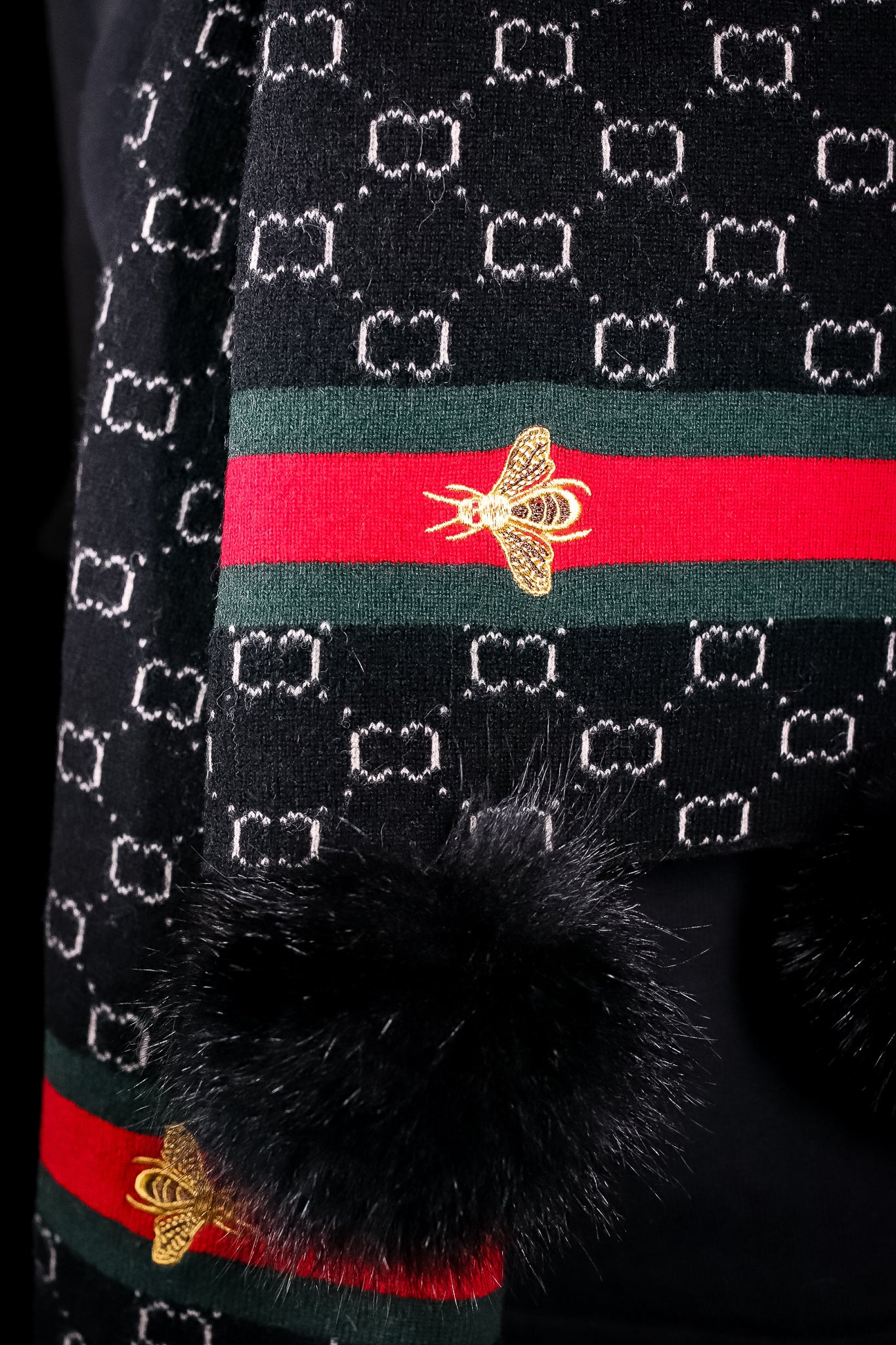 Assorted Wool Gucci-Inspired Scarf with Fox Pom-Pom