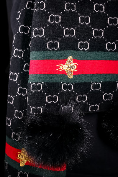 Assorted Wool Gucci-Inspired Scarf with Fox Pom-Pom