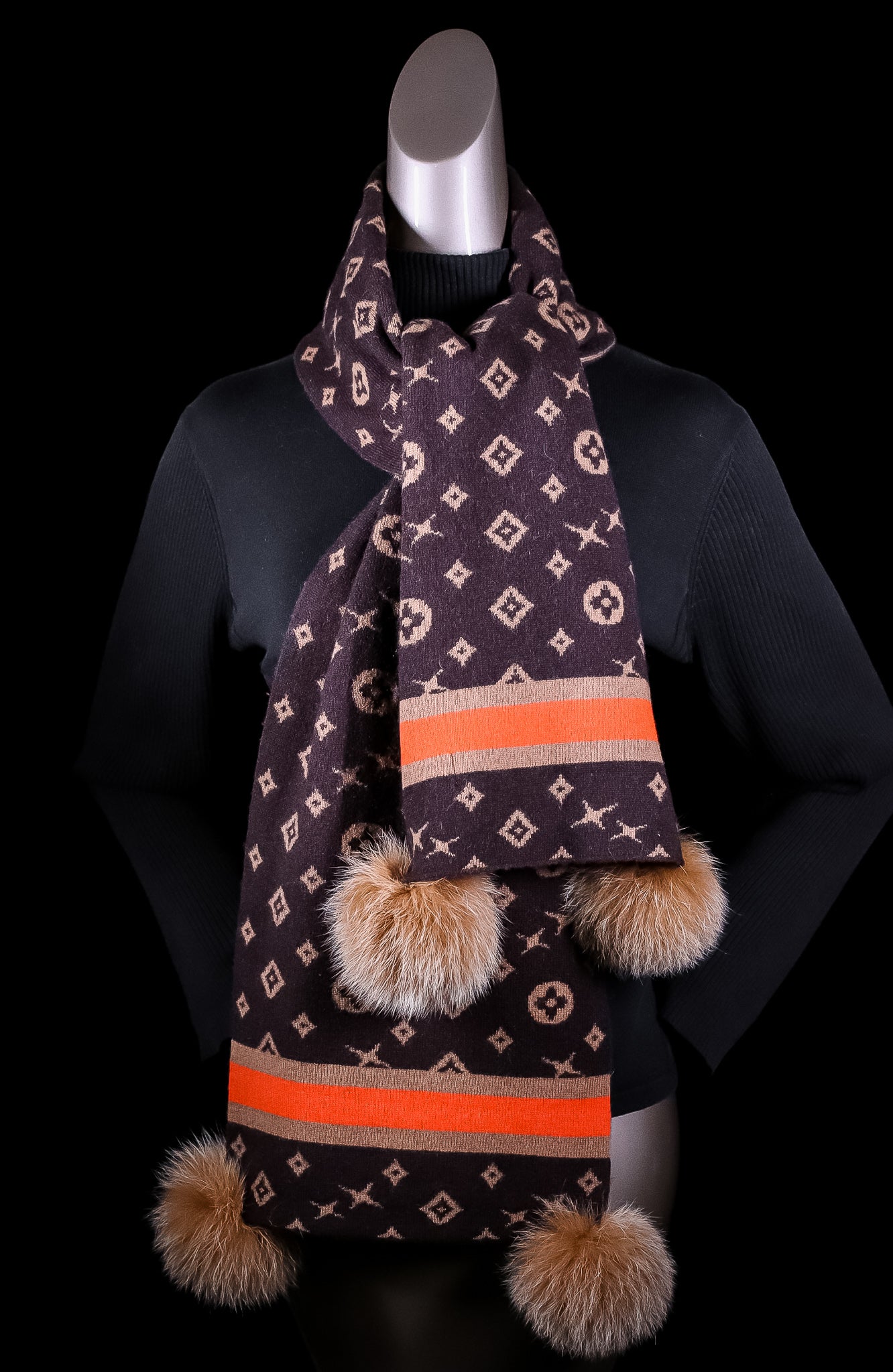 Assorted Wool Louis Vuitton-Inspired Scarf with Fox Pom-Pom – Alaska Fur  Gallery, Inc.