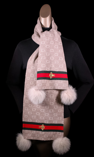 Assorted Wool Gucci-Inspired Scarf with Fox Pom-Pom