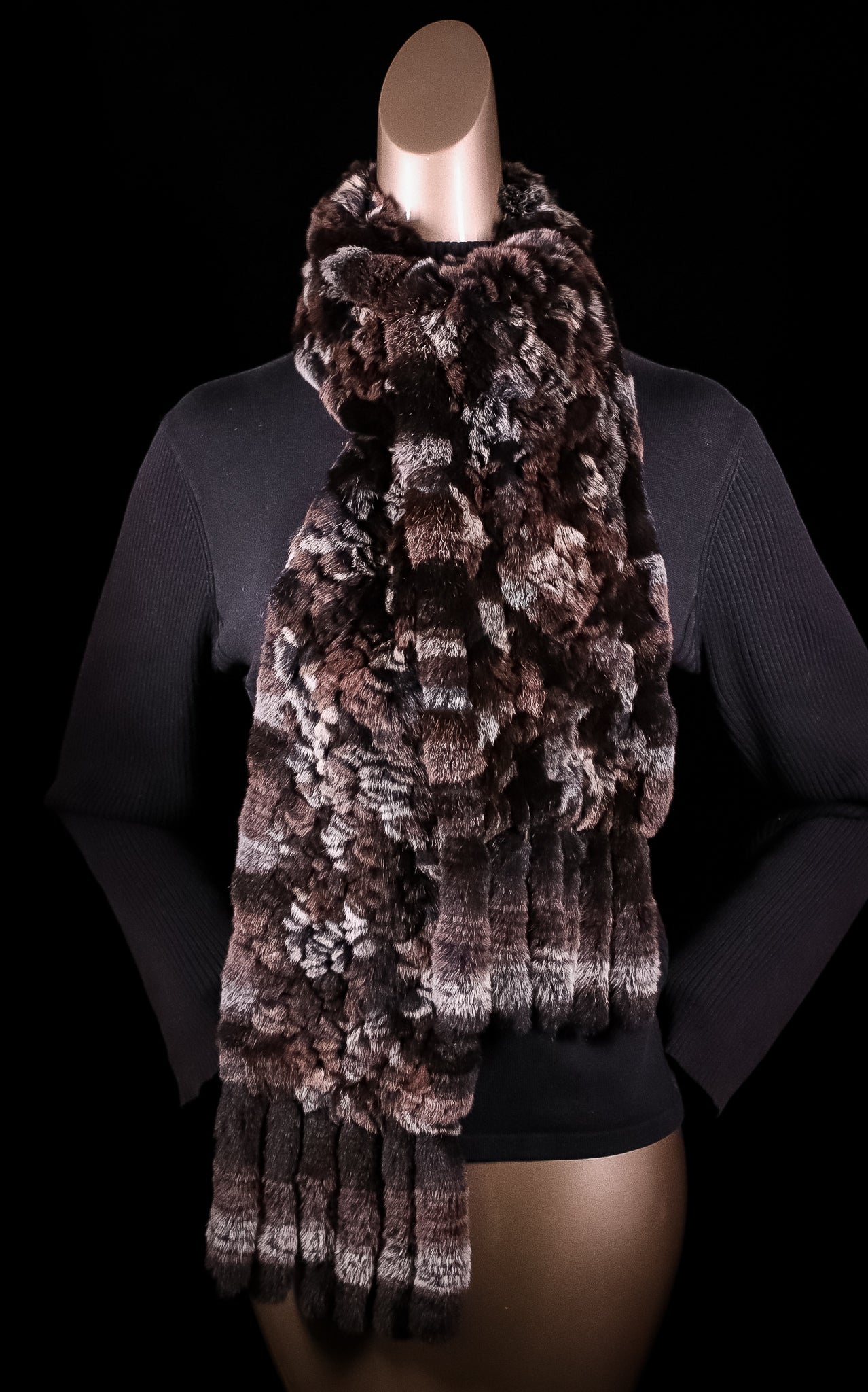 Diamond-Knitted Chinchilla Rex Rabbit Multi-Brown Scarf with Fringes