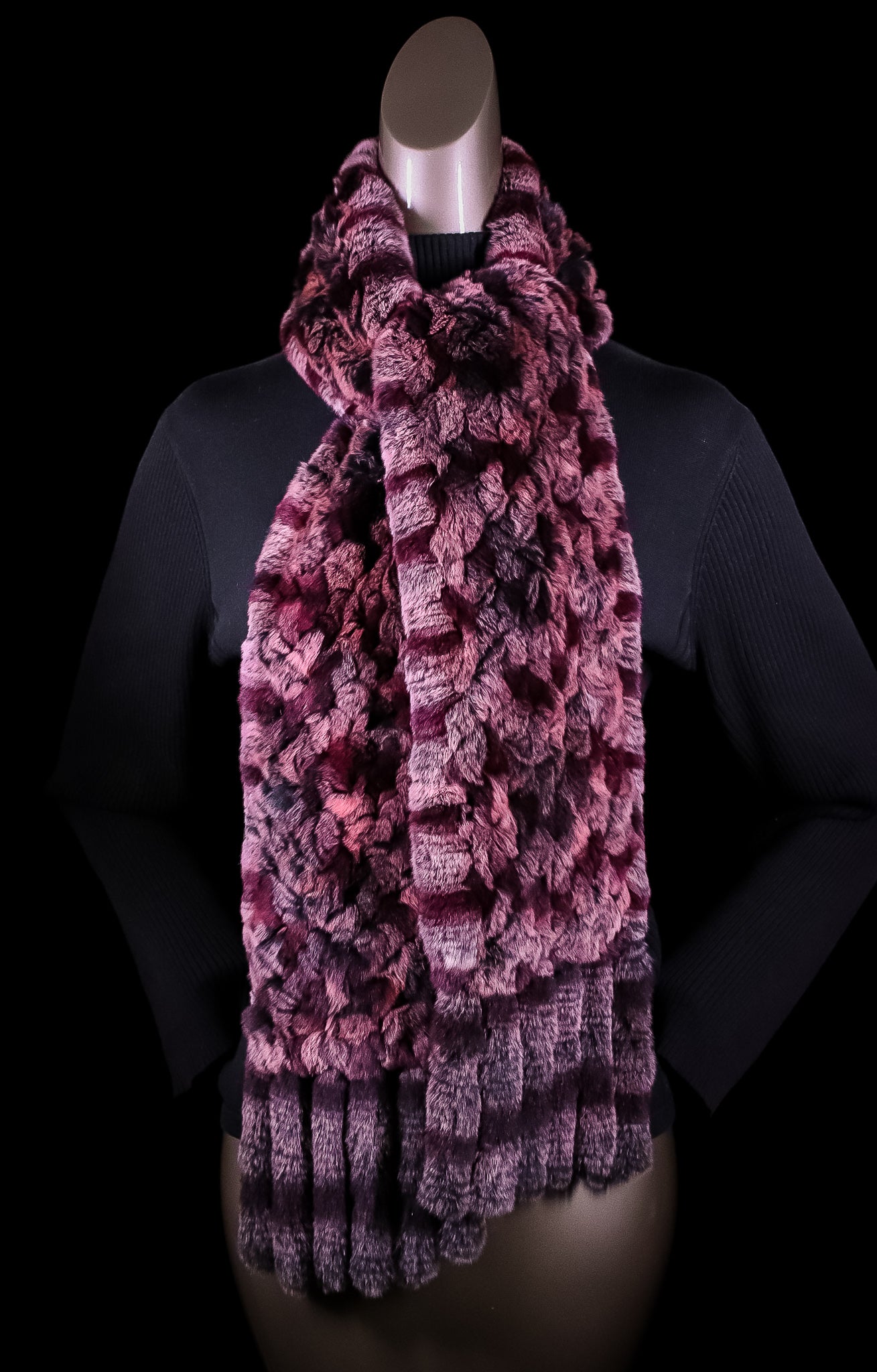 Diamond-Knitted Chinchilla Rex Rabbit Wine Scarf with Fringes