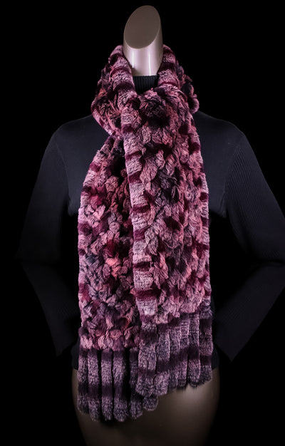 Diamond-Knitted Chinchilla Rex Rabbit Wine Scarf with Fringes