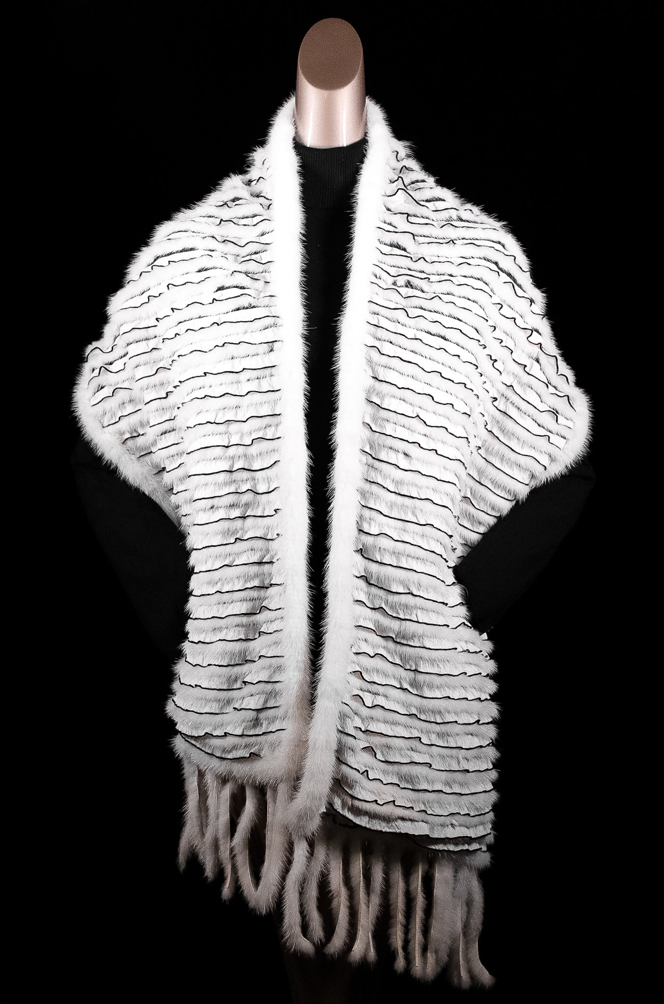 Large White Ruffle Mink Scarf with Fringes