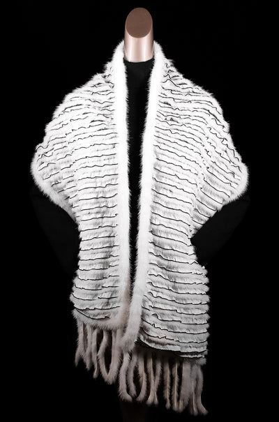 Large White Ruffle Mink Scarf with Fringes