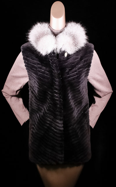 Lasered Sheared Beaver Vest with Fox Collar