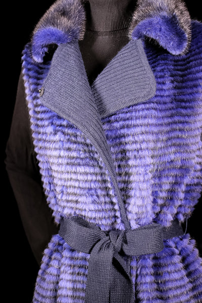 Knitted Blue Horizontal-Ribbed Mink Belted Vest