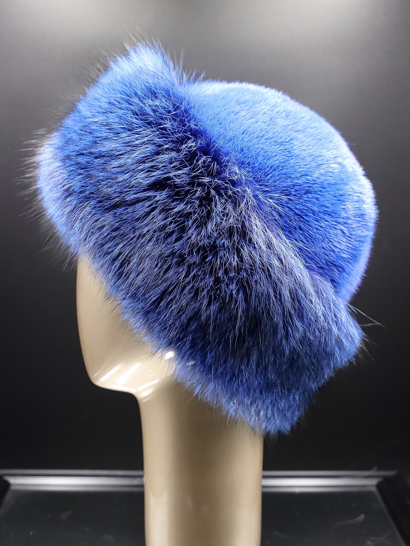 Dyed Blue Mink Hat with Fox Trim