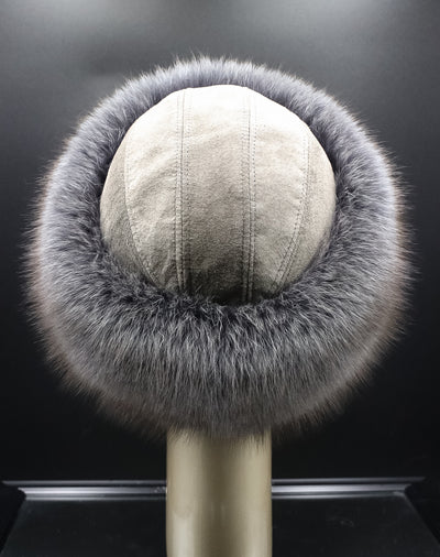 Italian Lamb Suede Hat with Grey Fox Trim
